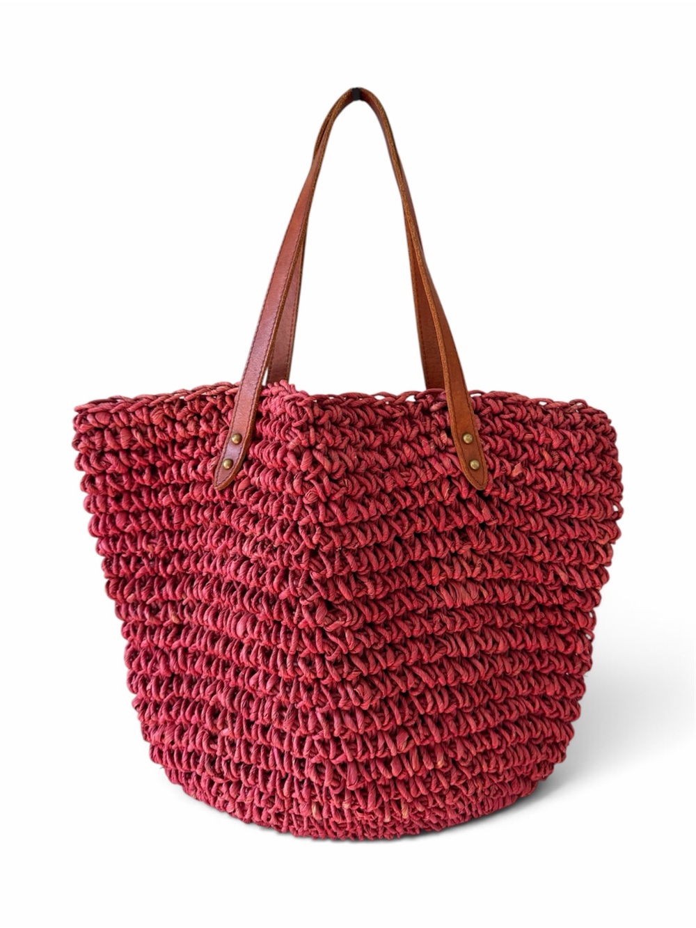 Vintage J. Jill Coral Red Woven Straw Crochet Leather Handle Tote Bag